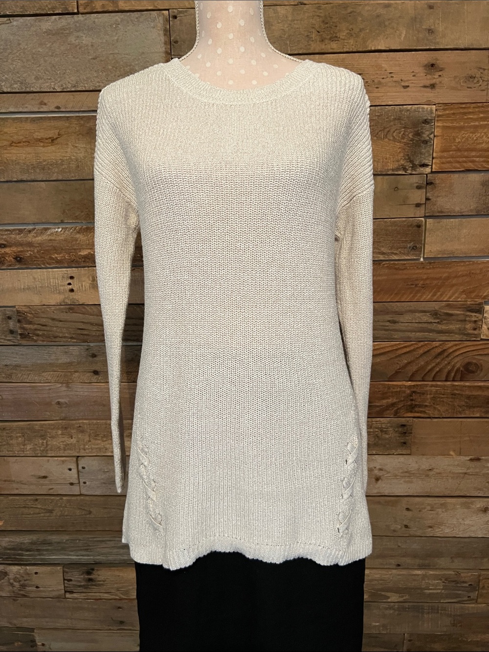 Women’s Cream Scoop Neck Knit Sweater with Gold Threading Details